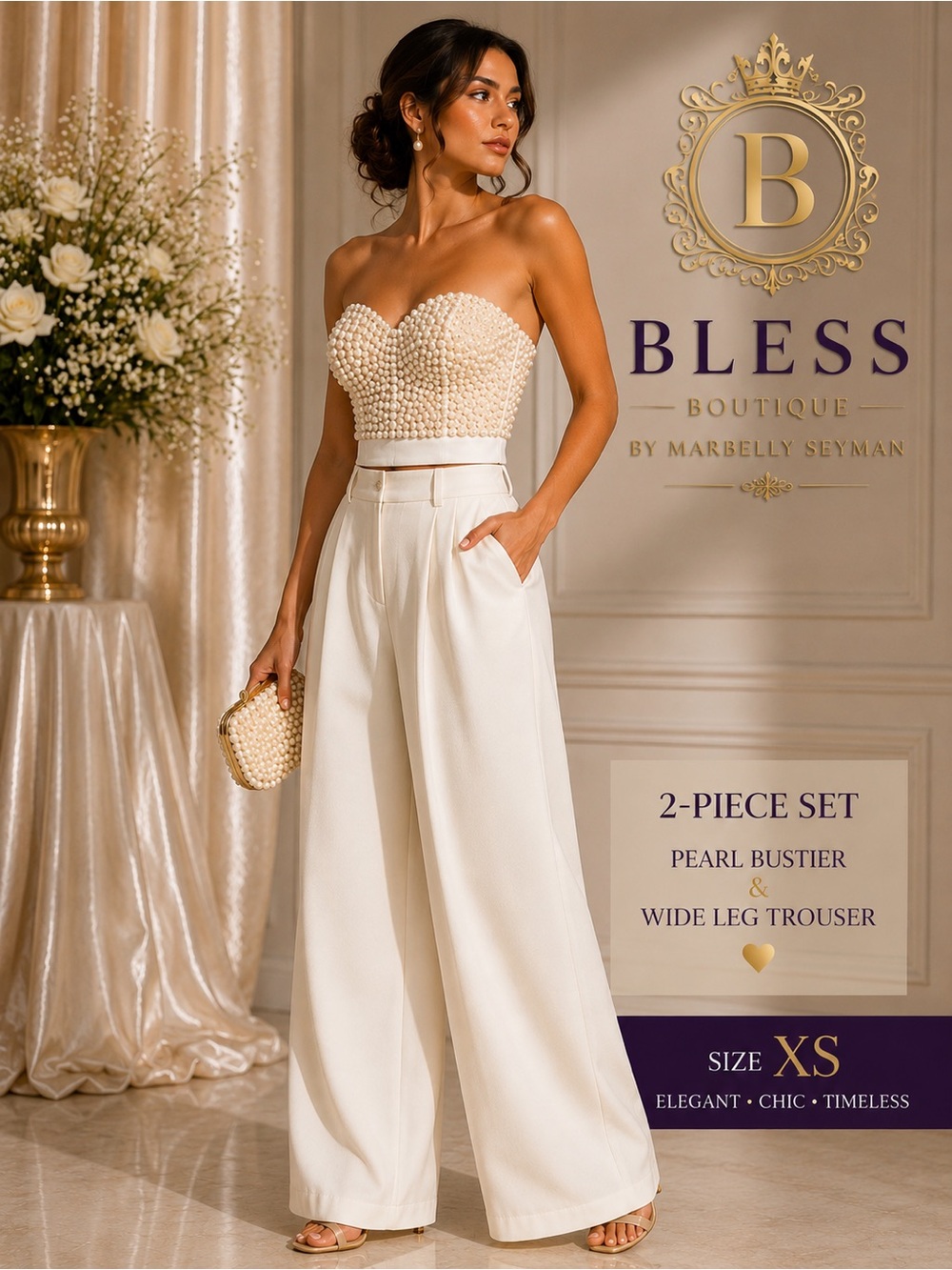 Pearl Rhinestone Bustier & FUNYYZO Wide Leg Pants 2-Piece Set XS Ivory